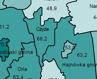 waloryzacja rolniczej przestrzeni produkcyjnej gminy (ocena wartości gleb, rzeźby terenu, warunki wodne) 68,2 pkt.