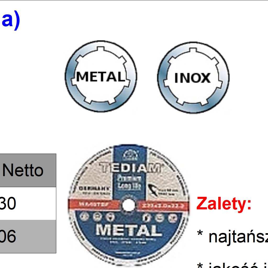 DO CIĘCIA: (płaskie kształt T41) Symbol EAN Wymiary (mm) Opak. Cena Netto * najlepsza cena do jakości 1302115080 2w1 115 x 0.8 x 22.