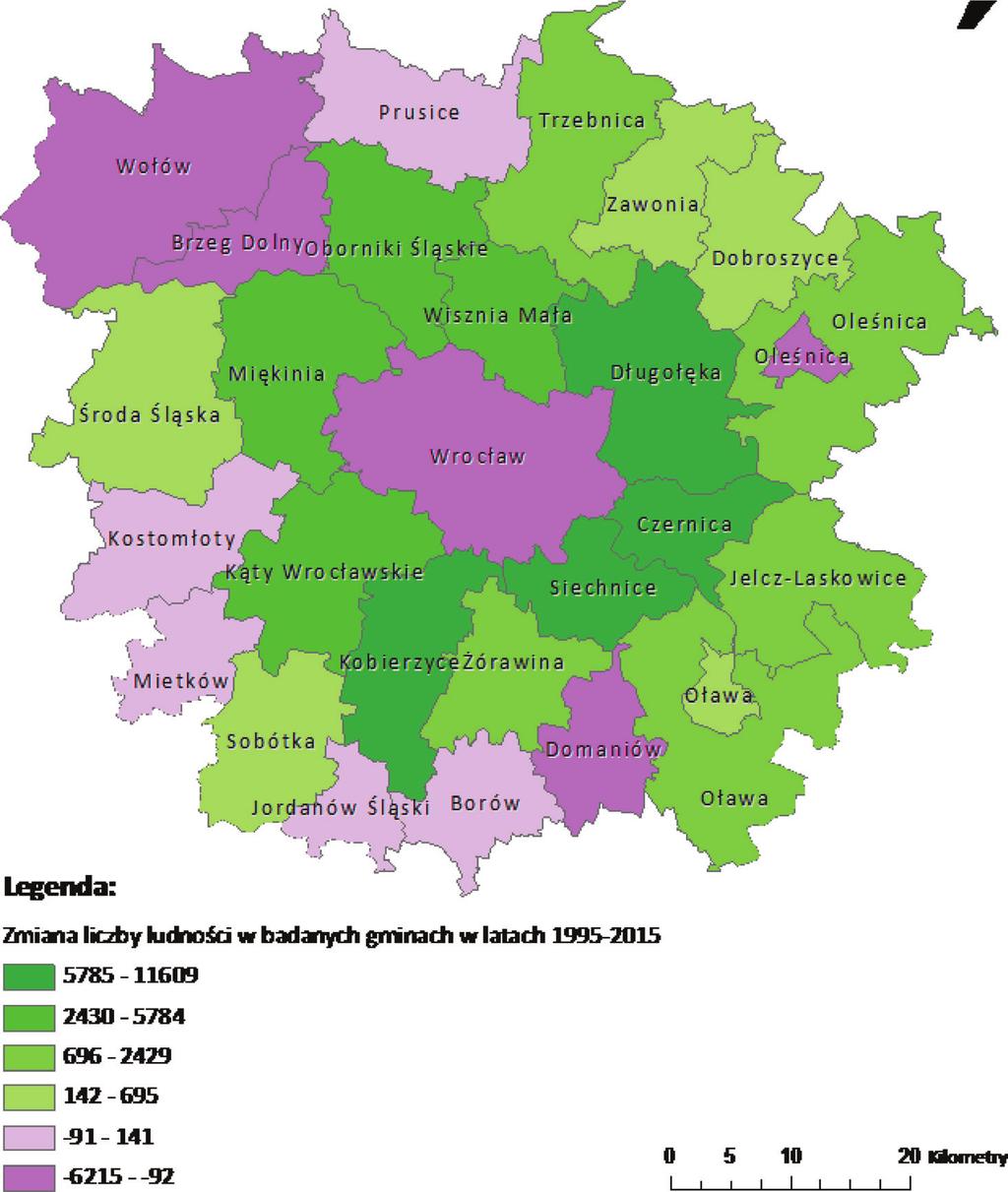 Wrocławski obszar funkcjonalny... Rysunek 1. Zmiana liczby ludności w Miejskim Obszarze Funkcjonalnym Wrocławia w latach 1995 2015, wyrażona liczbą osób.