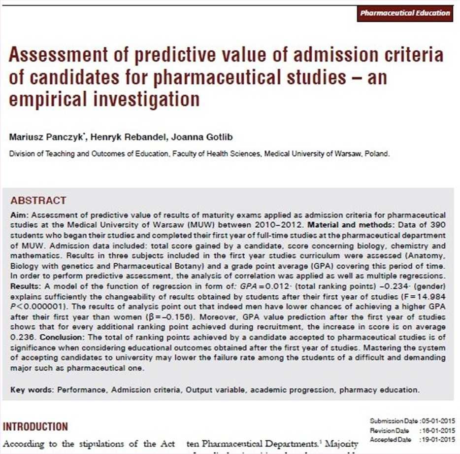 IF: 0,21 DYDAKTYKA NAUKA riusz Panczyk, Joanna Gotlib. essment of reliability, sensitivity, objectivity and validity of MCQ Pharmacology Exams potential output variable forpredictive analysis.