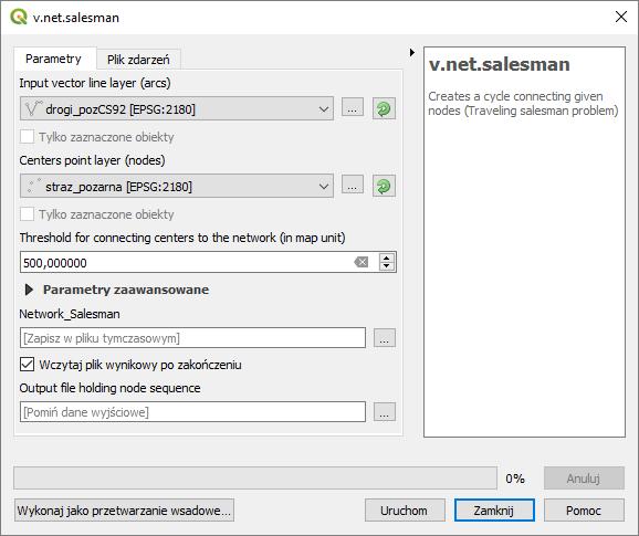 3.3. v.net.salesman Algorytm rozwiązujący problem komiwojażera wymaga takich samych parametrów, co v.net.allpairs.