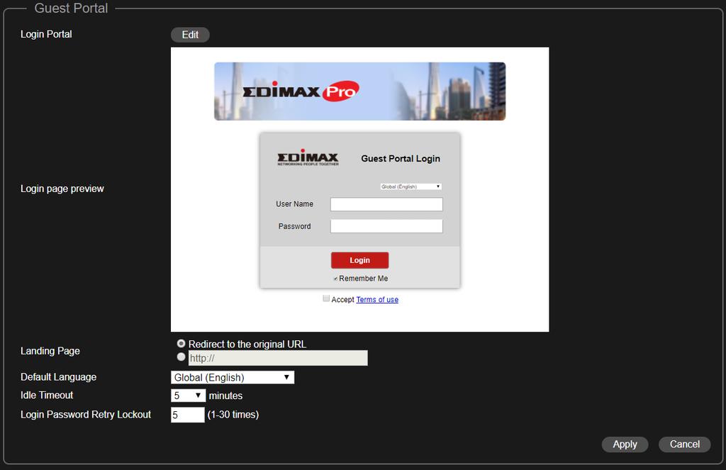 Captive Portal Kliknij Konfiguruj by otworzyć stronę konfiguracyjną: Strona startowa Domyślny język Limit czasu bezczynności Blokowanie po nieudanych próbach logowania Zaznacz opcję "Przekieruj do