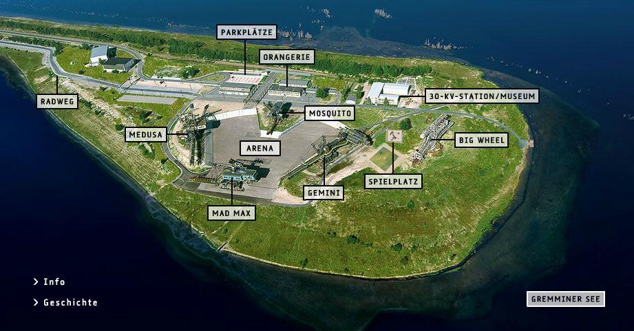 Opis obiektu Żywe muzeum Ferropolis składa się przede wszystkim z 5 maszyn górniczych umiejscowionych wokół areny. Każde z urządzeń ma swoją nazwę oraz mierzy do ok.