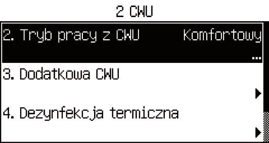 7 Wybrać funkcję, wciskając pokrętło. Pojawiają się trzy pierwsze wiersze podmenu CWU. Rys. 8 Wcisnąć pokrętło, aby wybrać funkcję. 6 720 806 252-03.1I Rys.