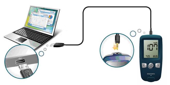 PODŁĄCZENIE GLUKOMETRU DO KOMPUTERA Należy włączyć program Glukometr Diagnostic Gold Należy podłączyć kabel glukometru do gniazda USB, a glukometr do kabla właściwą stroną (Rys. 19).