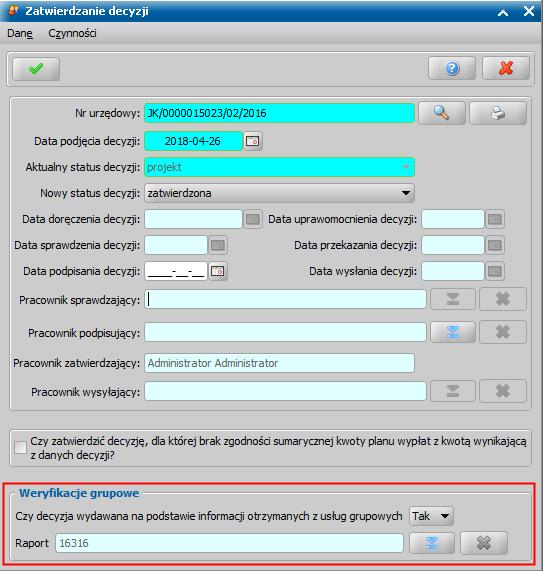 W ramach obsługi weryfikacji grupowych udostępniono w systemie możliwość uwzględnienia informacji, że decyzja jest wydawana w zawiązku z informacją otrzymaną z usług grupowych.