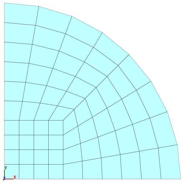 Rys. 7. Ćwiartka modelu dyskretnego płyty 4. Tworzymy pełny model dyskretny płyty. Wybierając w Głównym Menu: Mesh Transform Mirror.