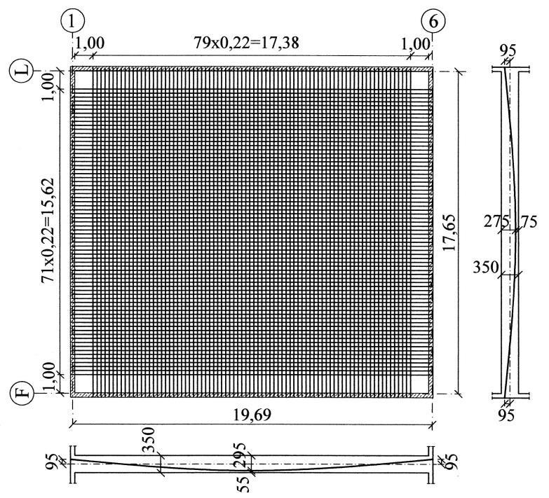 Rzut i profil sprężenia pokazano na rysunku 2. Całkowity zwis cięgien wynosi 195 mm w kierunku osi liczbowych i 215 mm w kierunku osi literowych.