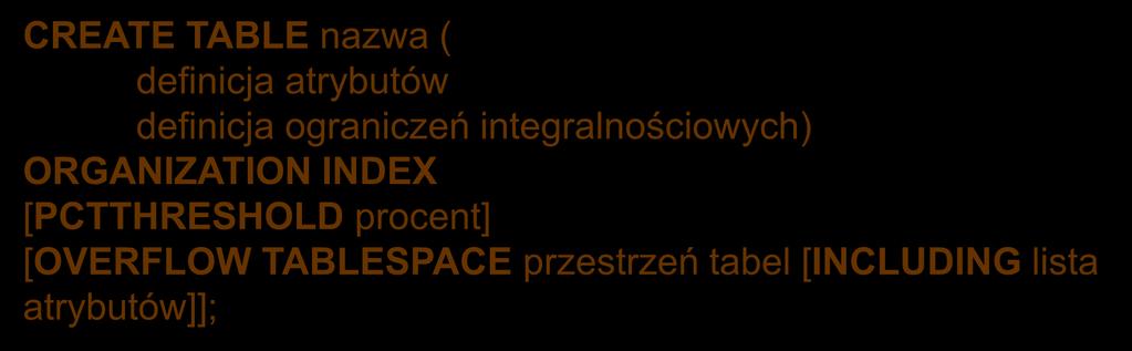 Relacja zorganizowana jak indeks (IOT) (cd) ograniczenia: IOT musi mieć zdefiniowany klucz podstawowy, polecenie modyfikacji wartości klucza podstawowego relacji może wymagać przebudowy całej