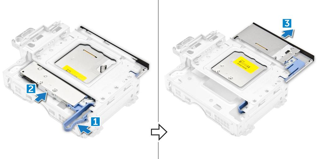 Instalowanie napędu dysków optycznych 1 Wsuń napęd optyczny do modułu napędu optycznego.