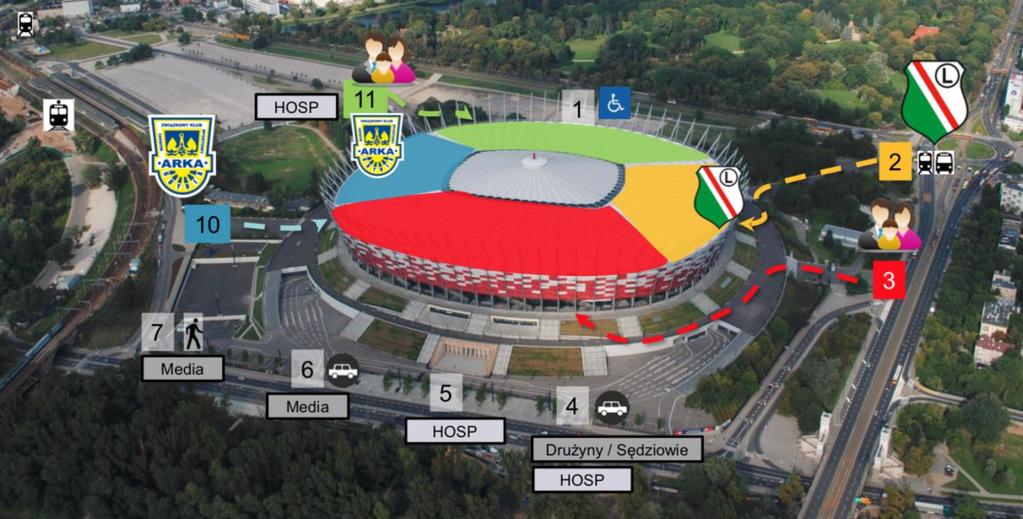 Wejście na stadion Zarówno w dniu przedmeczowym jak w dniu meczu przedstawiciele mediów wchodzą na stadion według poniższego schematu: 1.