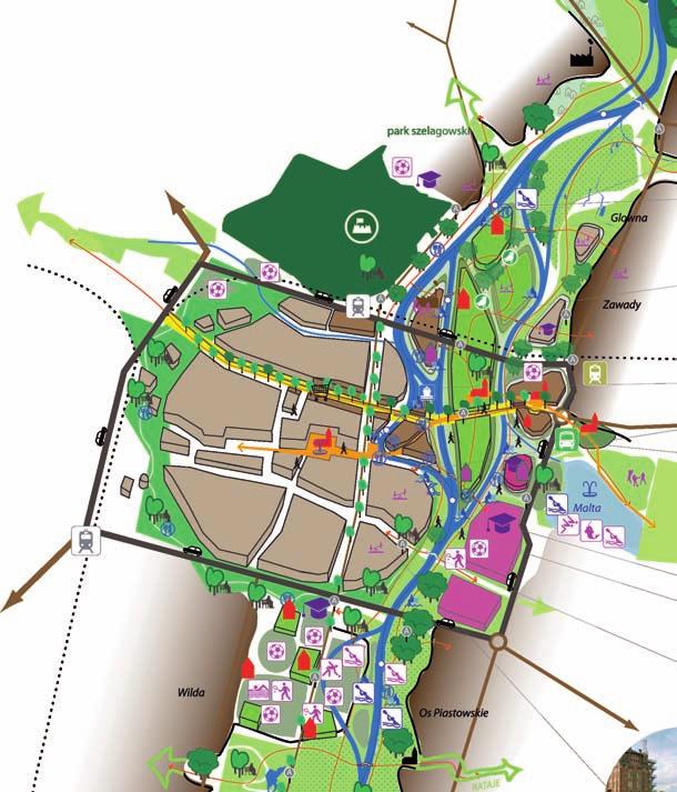 Centrum miasta sytuacja w 2030 r. Historyczne centrum Poznania położone jest w sercu zielonego krzyża. W tym centrum strefy rzecznej spotyka się większość sieci, funkcji i interesów.