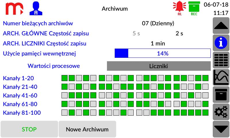 Rys. 11.7 Przykładowy wygląd okna Archiwum 11.6 Menu Główne Okno Menu Główne wyświetlane jest po naciśnięciu ikony z paska menu. Okno zbudowane jest z ikon funkcyjnych wraz z opisem.