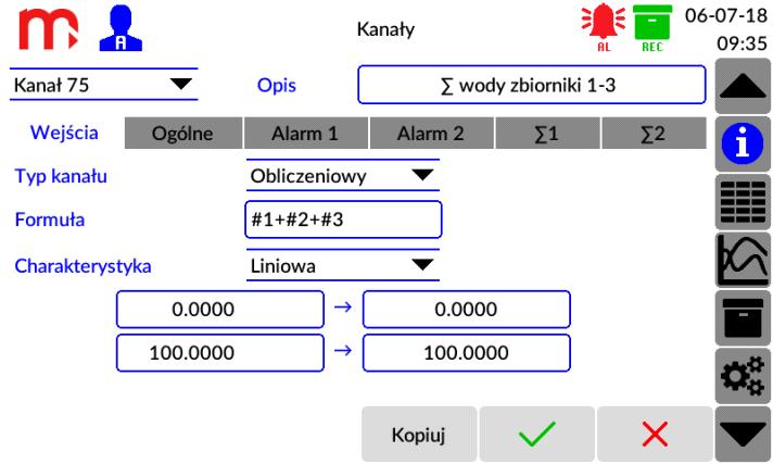 Rys. 14.1 Ustawienia kanałów obliczeniowych - wprowadzanie formuły kanału obliczeniowego.