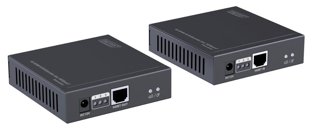 Zestaw wzmacniaczy sygnału 4K HDMI KVM, HDBaseT Instrukcja obsługi DS-55502 Zestaw przedłużacza sygnału wideo HDMI 4K KVM marki Digitus składa się z nadajnika (lokalizacja na miejscu) oraz odbiornika