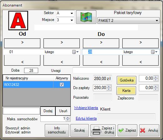 ABONAMENT Klikając na klawisz Abonament zostanie otworzone okno, w którym zapisane są wszystkie pojazdy korzystające z tej opcji.