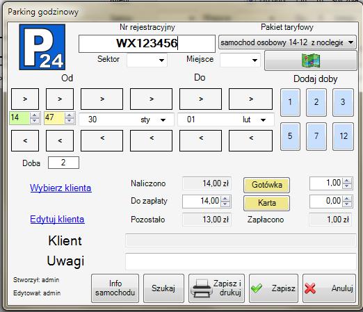 PARKING DOBOWY Klikając na ikonę P24 zostanie otworzone okno, w którym zapisane są wszystkie pojazdy korzystające z tej opcji.