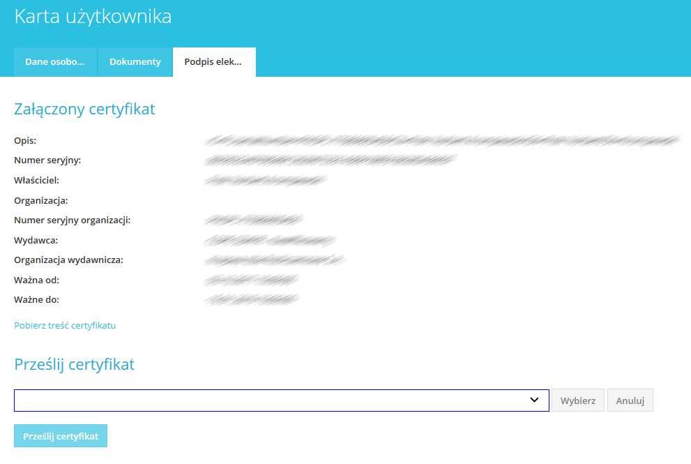 8 Jeśli chcesz zmienić wybrany elektroniczny podpis to wystarczy z listy rozwijanej wybrać nowy certyfikat i postępować tak, jak przy przesyłaniu pierwszego elektronicznego podpisu.