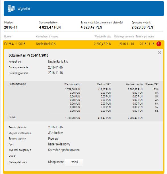 Podgląd dokumentu szczegóły dokumentu Po zaksięgowaniu wydatku przez księgowy dokument pokaże się na liście wydatków.