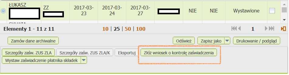 41 Praca z danymi Płatnik składek bezpośrednio pod danymi o elektronicznych zaświadczeniach lekarskich ma udostępnioną funkcję "Złóż wniosek o