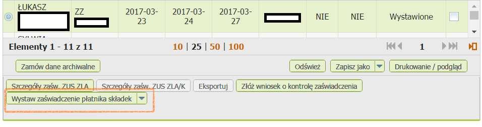 43 Praca z danymi Płatnik składek bezpośrednio pod danymi o elektronicznych zaświadczeniach lekarskich ma udostępnioną funkcję Wystaw zaświadczenie