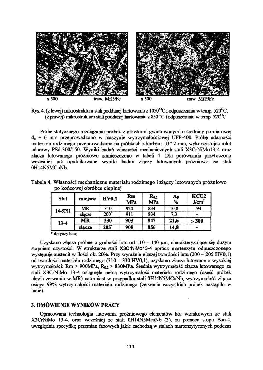 x500 traw. Mil9Fe x500 traw. Mil9Fe Rys. 4. (z lewej) mikrostruktura stali poddanej hartowaniu z 1050 C i odpuszczaniu w temp.