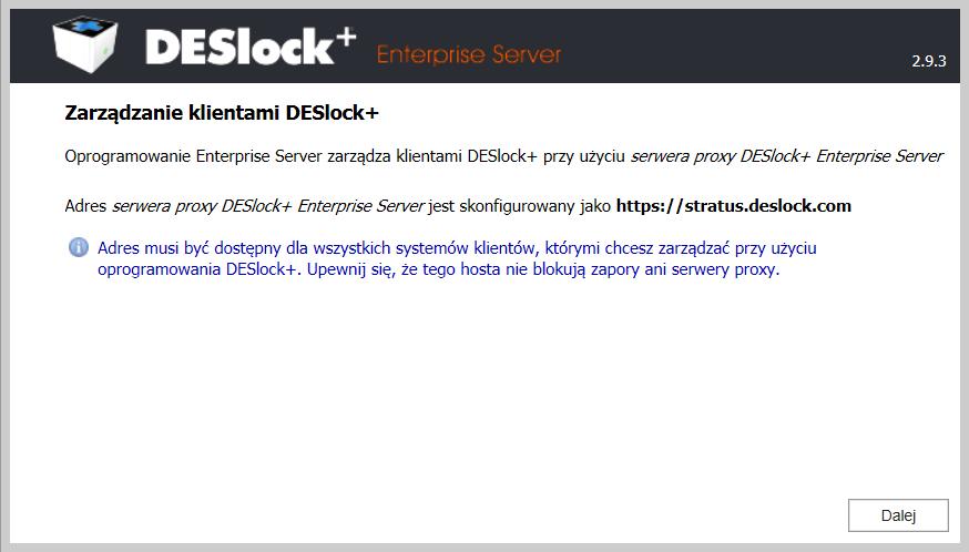 Zobaczysz informację o próbie połączenia Twojego Serwera Deslock+ Enterprise Server do serwerów
