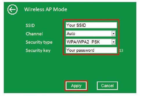 4. W przeglądarce pojawi się następująca informacja: SSID Channel identyfikator SSID sieci bezprzewodowej Auto (zalecane) Security type Ustawienia zabezpieczenia sieci bezprzewodowej i szyfrowania,