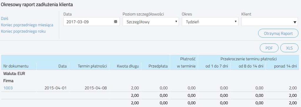 Data określ, na jaki dzień ma być wygenerowany raport. Poziom szczegółowości wybierz szczegółowy (według dokumentów) lub ogólny (według klientów).