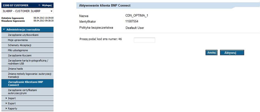 Klient BNP Connect został aktywowany. 4.2.2. Certyfikaty komunikacyjne W ramach tej funkcjonalności możliwe jest zarządzanie certyfikatami komunikacyjnymi klienta BNP Connect.