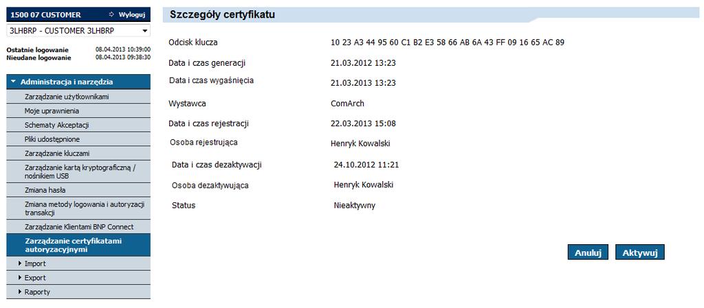 Po wybraniu akcji Aktywuj zostanie zaprezentowany ekran pośredni: Po wpisaniu kodu sms oraz wybraniu przycisku Aktywuj, wybrany certyfikat zostanie aktywowany.