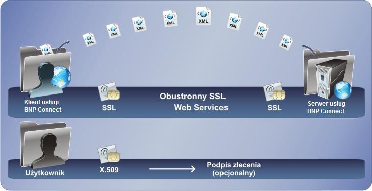 Wymiana danych pomiędzy bankiem a klientem w usłudze BNP Connect odbywa się przez wymianę komunikatów w formacie plików XL przy wykorzystaniu technologii web-services.