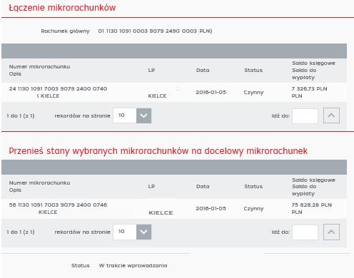 Rys. Przykładowy formularz pośredni łączenia mikrorachunków Na ekranie pośrednim dostępne są przyciski Powrót oraz Połącz. Po wybraniu przycisku Połącz uruchamiana jest akcja łączenia mikrorachunków.