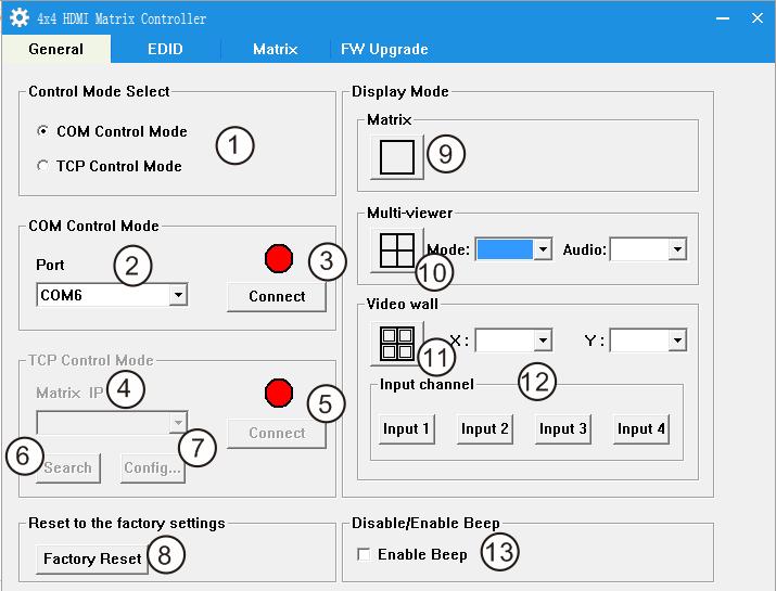 Uruchom program MatirxController.exe Jak zarządzać matrycą Strona General 1. Wybierz tryb RS232 COM lub TCP 2. Wybierz port COM RS232 3. Naciśnij by połączyć lub rozłączyć się z matrycą 4.