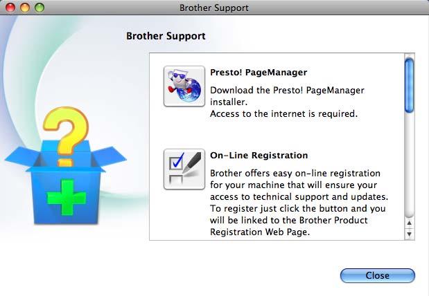 Wyświetlony zostanie poniższy ekran: Dostęp do pomocy technicznej Brother (Macintosh) 1 Wszystkie wymagane informacje kontaktowe, takie jak pomoc techniczna przez Internet (Brother Solutions Center),