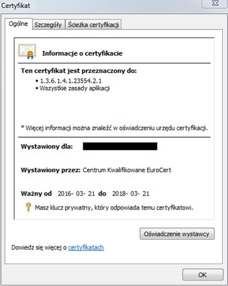 Rys. 11 Informacja o certyfikacje, zakładka Ogólne W