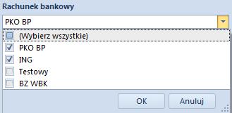 Rys. 33 Lista z wyborem Rachunku bankowego w pliku JPK_WB Oddzielny plik dla każdego wyciągu - zaznaczenie parametr powoduje wygenerowanie oddzielnego pliku JPK_WB dla każdego raportu bankowego.