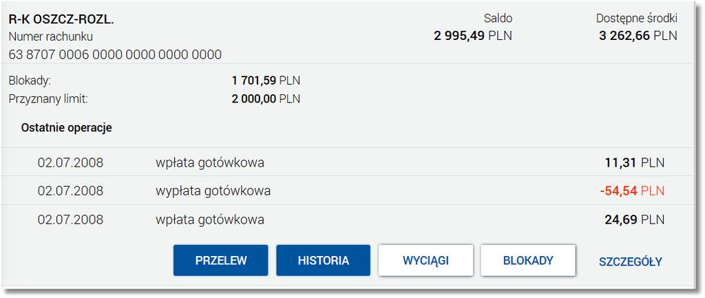 Rozdział 5 Przeglądanie listy rachunków W przypadku, gdy w opcji Ustawienia -> Domyślny rachunek zdefiniowano rachunek domyślny wówczas jest on prezentowany na liście jako pierwsza pozycja.