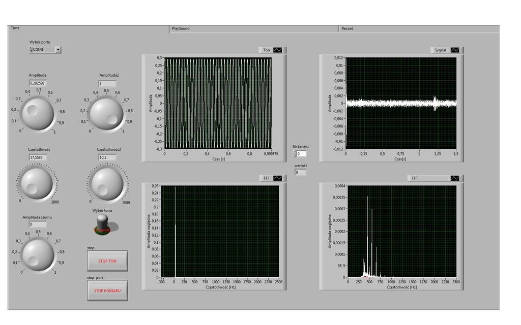 Rys.2. Panel programu Wave. W celu poprawnej komunikacji komputera z elementami sterującymi modelem ucha wewnętrznego konieczne jest ustawienie odpowiedniego portu w zakładce Tone.