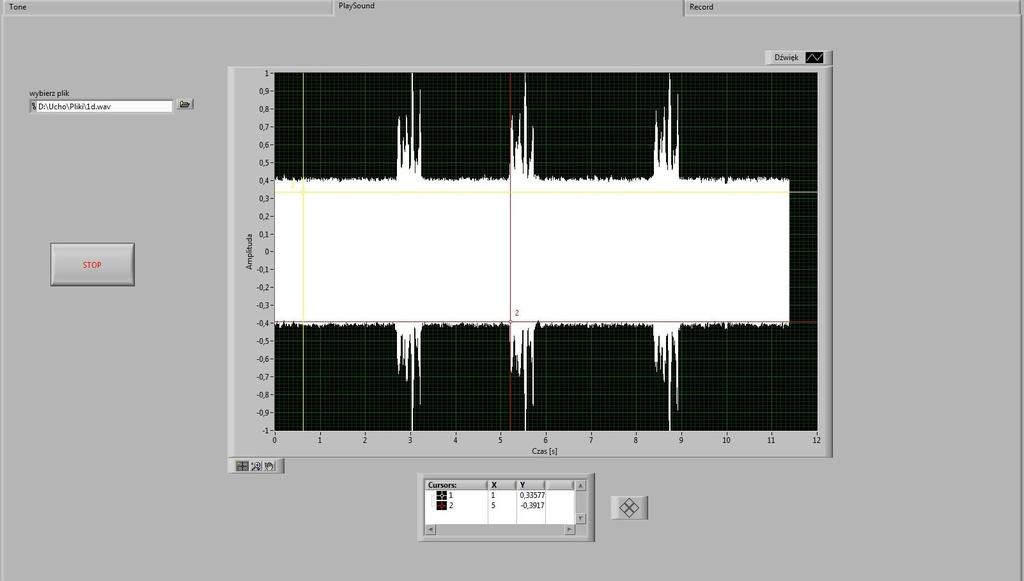 Funkcją zakładki PlaySound programu jest odsłuchiwanie gotowych plików muzycznych typu wav oraz ich graficzna prezentacja (Rys.6). Rys.6. Widok panelu PlaySound.