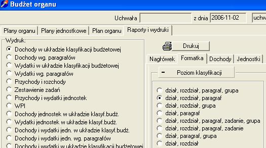 kliknąć opcje wydruku Dochody w układzie klasyfikacji budżetowej b) przejść na zakładkę Jednostki i zaznaczyć wszystkie