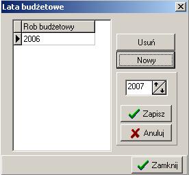 2.1. Lata budżetowe Aby dodać nowy rok budżetowy należy kliknąć na przycisk Nowy a następnie wpisać z klawiatury lub ustawić strzałkami rok, który chcemy dodać.