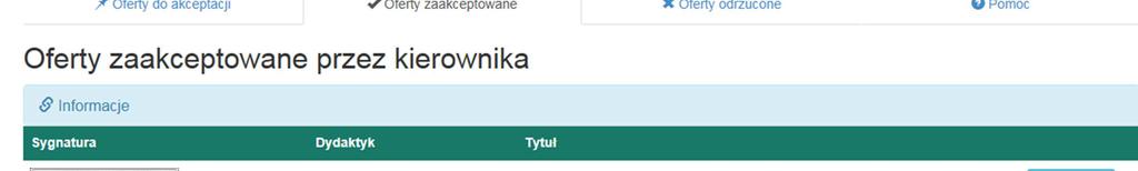 Zakładka składa się z tabeli, w której znajdują się kolejno: szczegóły decyzji sygnatura, dydaktyk, tytuł i sylabus.