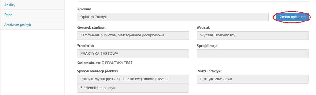 2. W szczegółach praktyki kliknąć ikonę "Zmień opiekuna": 3.