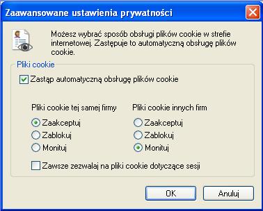 Ustaw następującą konfigurację: Zaznacz: Zastąp automatyczną obsługę plików cookie.
