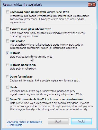 Usuń wszystkie wybrane opcje za wyjątkiem Historii. Kliknij Usuń.