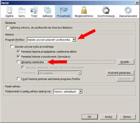 Zmieniamy opcje widoczną pod nazwą Program Firefox: którą zmieniamy na będzie używał ustawień użytkownika : Odznaczamy opcję Akceptuj ciasteczka. Po tych zabiegach klikamy w przycisk OK.