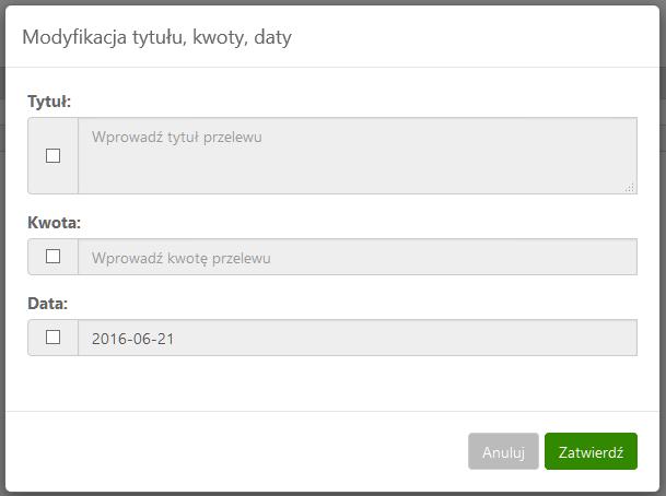 Jeżeli dane kontrahenta zawierają wypełnione pola Tytuł oraz Kwota to zostają one wyświetlone w oknie Przelew do grupy kontrahentów, jeżeli nie należy je uzupełnić używając: dla pojedynczego