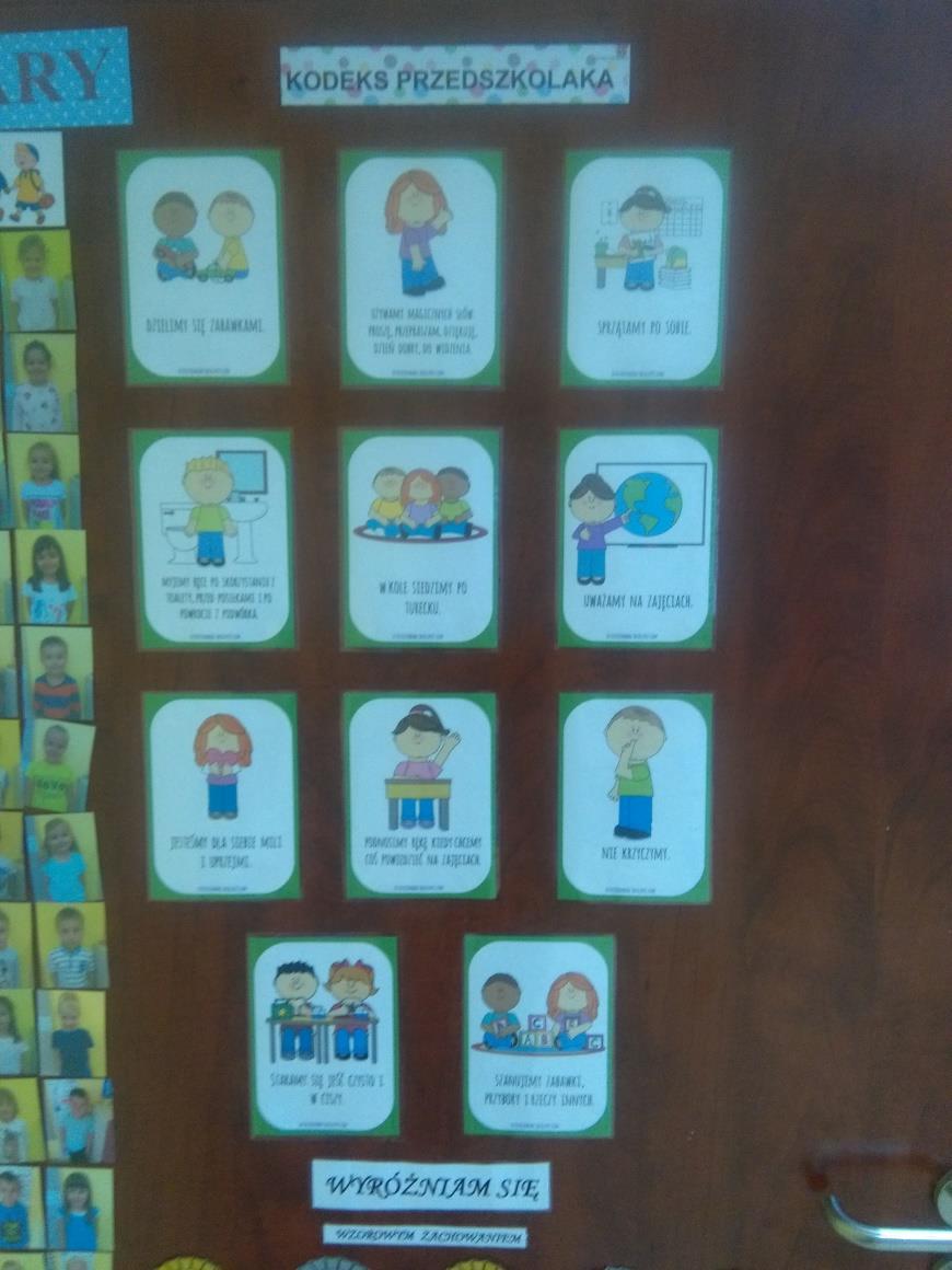 Wizualizacja Zasady Panujące w Grupie Na drzwiach naszej sali umieszczone są obrazki wraz z opisami ilustrujące zasady panujące