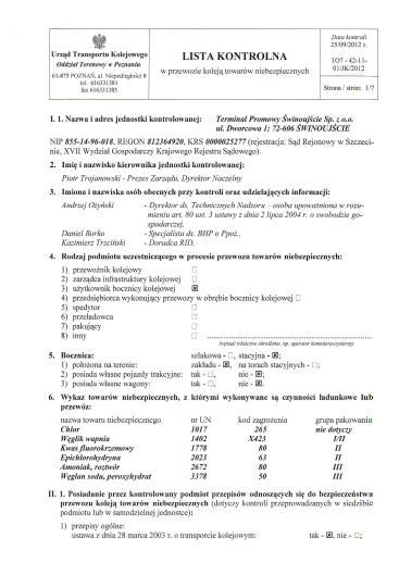 43 Wyniki przeprowadzonej kontroli inspektor UTK zapisuje w Liście kontrolnej, na
